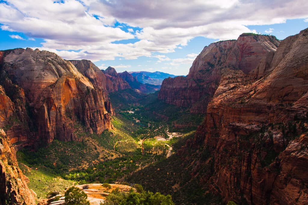 a valley with trees and mountains with Zion National Park in the background